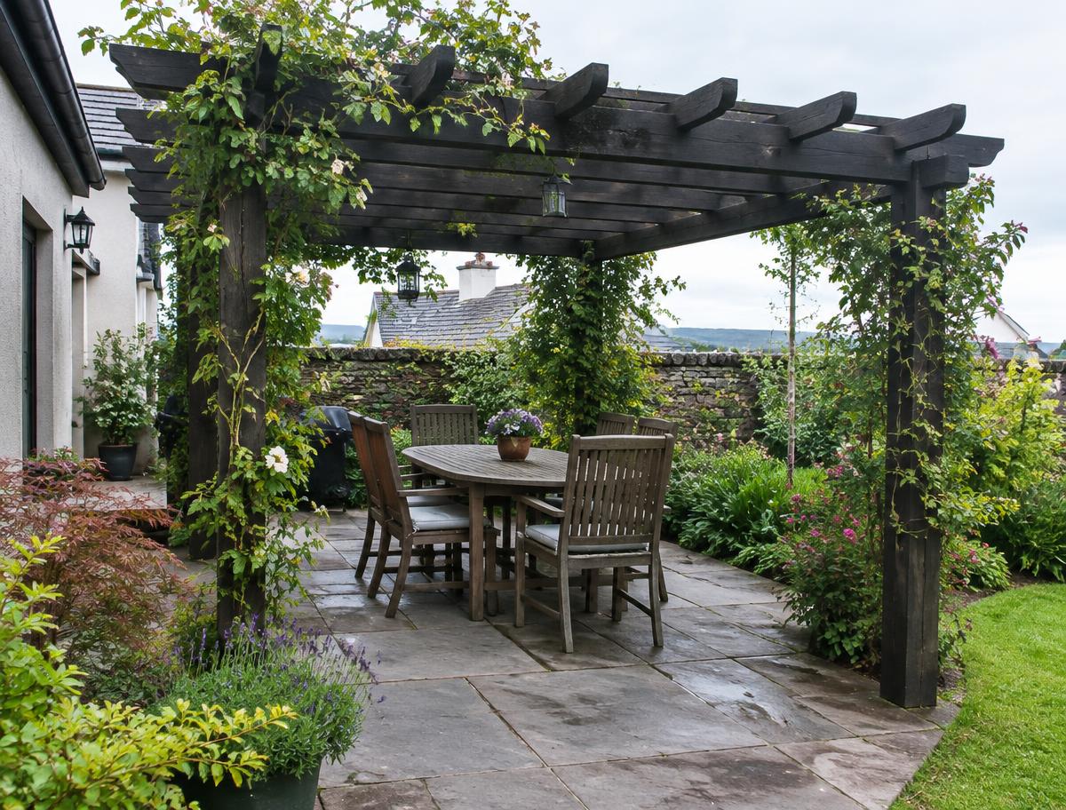 A dark timber pergola over a stone patio with a garden table and climbing plants