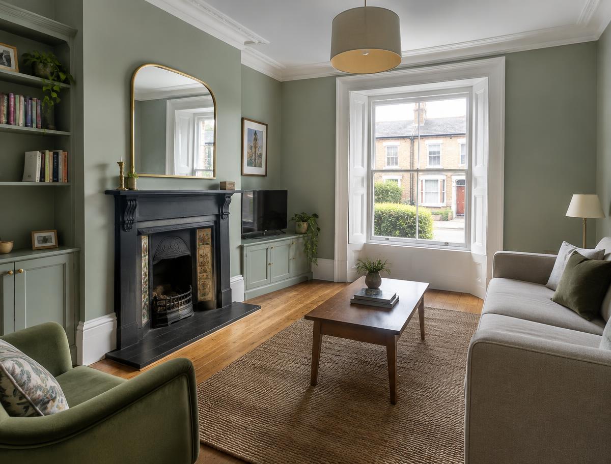 A renovated living room with a period fireplace and timber floor